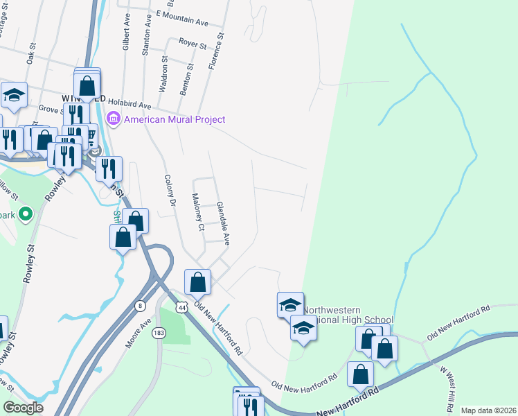map of restaurants, bars, coffee shops, grocery stores, and more near 92 Oakdale Avenue in Winsted