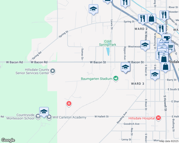 map of restaurants, bars, coffee shops, grocery stores, and more near 601 Heathcliff Drive in Hillsdale