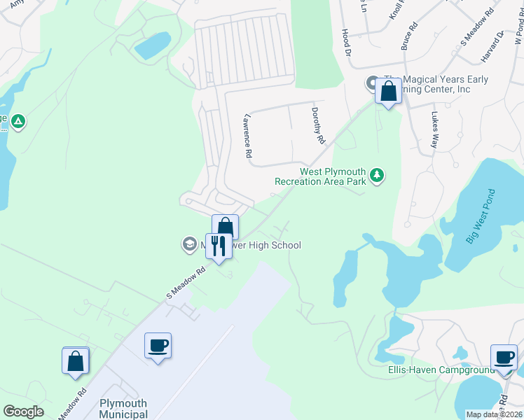 map of restaurants, bars, coffee shops, grocery stores, and more near 1 Pinehurst Drive in Plymouth