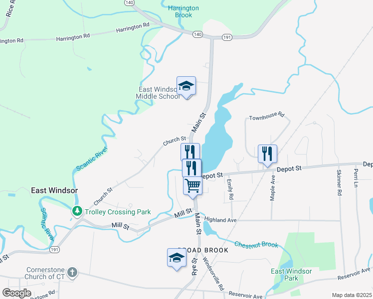 map of restaurants, bars, coffee shops, grocery stores, and more near 81 Main Street in East Windsor