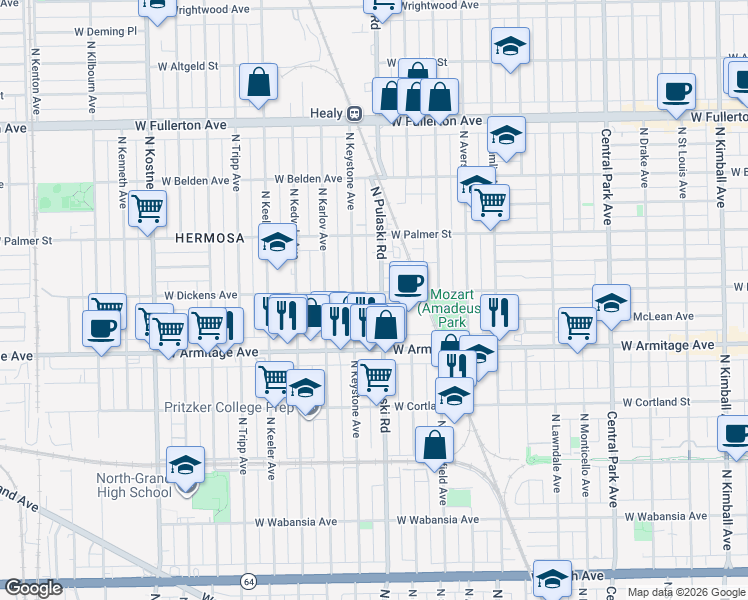 map of restaurants, bars, coffee shops, grocery stores, and more near 2101 North Keystone Avenue in Chicago