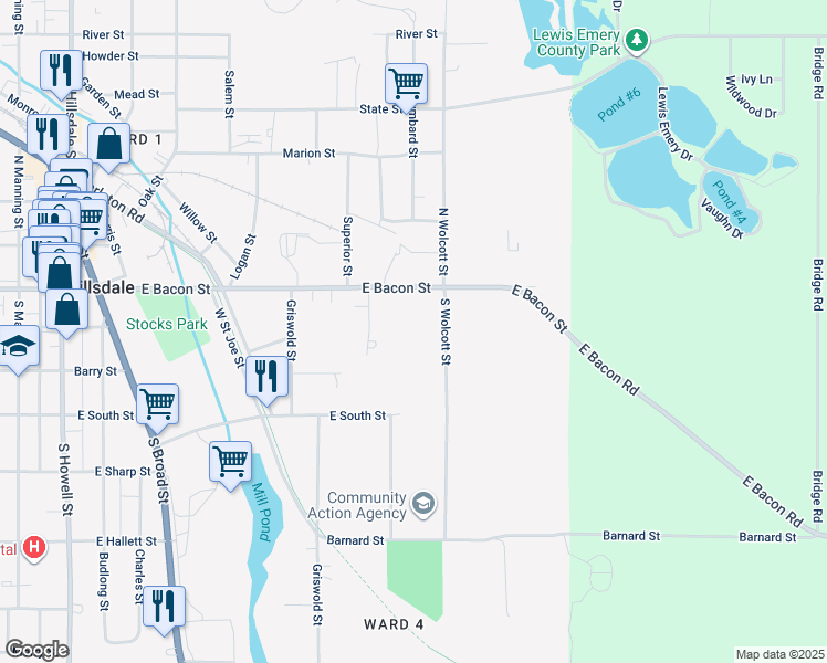 map of restaurants, bars, coffee shops, grocery stores, and more near 4 South Wolcott Street in Hillsdale