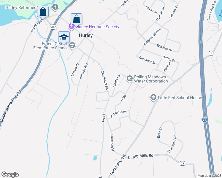 map of restaurants, bars, coffee shops, grocery stores, and more near 104 Benson Court in Hurley