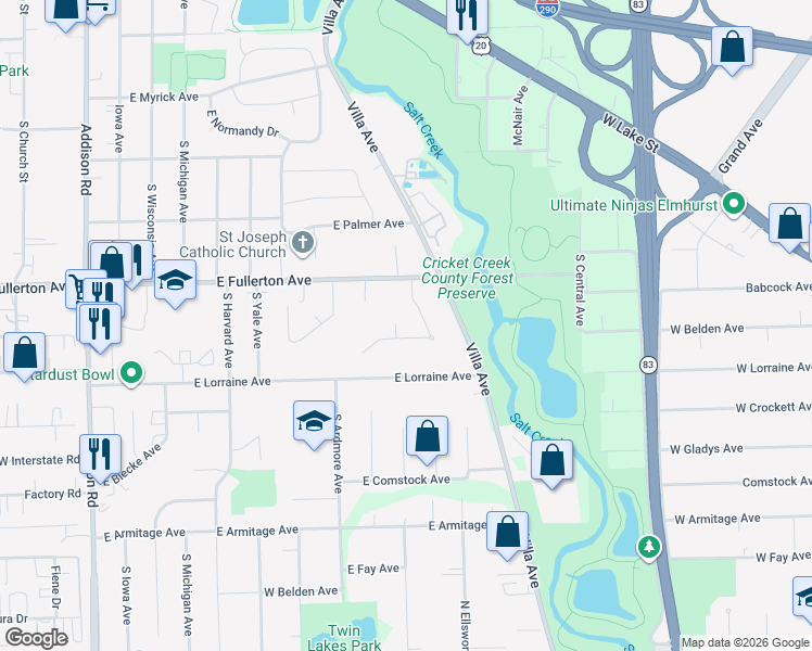 map of restaurants, bars, coffee shops, grocery stores, and more near 454 Cherry Hill Court in Addison