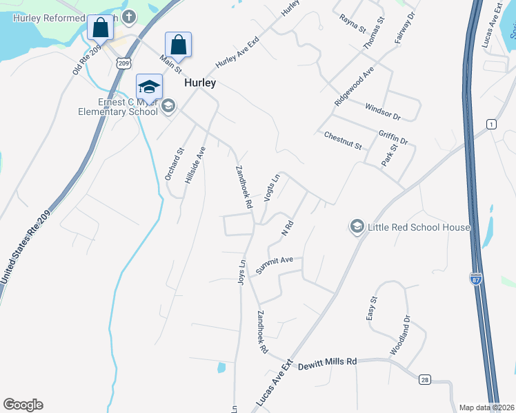 map of restaurants, bars, coffee shops, grocery stores, and more near 104 Benson Court in Hurley