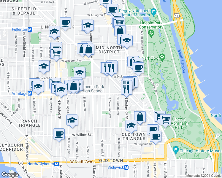 map of restaurants, bars, coffee shops, grocery stores, and more near 2015 North Cleveland Avenue in Chicago