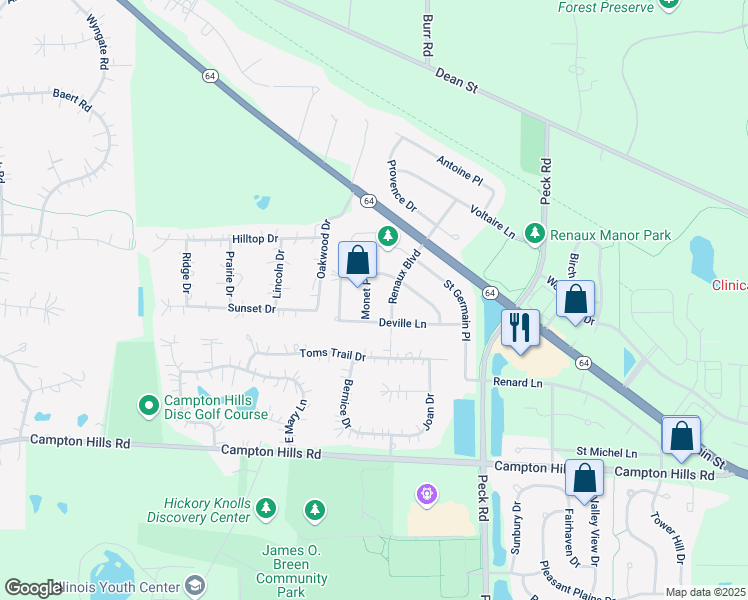 map of restaurants, bars, coffee shops, grocery stores, and more near 166 Monet Place in St. Charles
