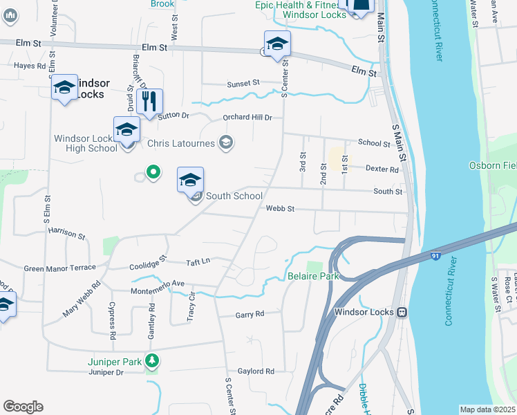 map of restaurants, bars, coffee shops, grocery stores, and more near 76 S Center St in Windsor Locks