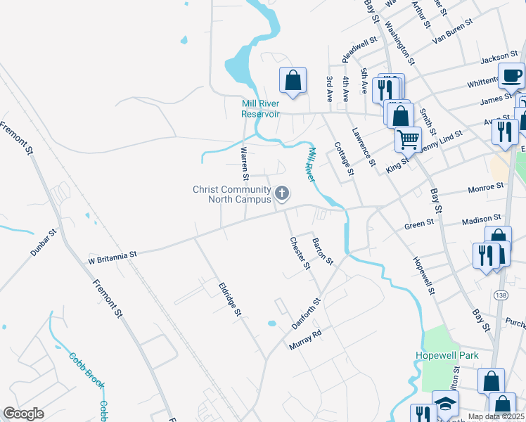 map of restaurants, bars, coffee shops, grocery stores, and more near 289 West Britannia Street in Taunton