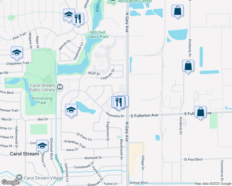 map of restaurants, bars, coffee shops, grocery stores, and more near 136 Greenway Trail in Carol Stream