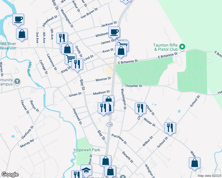 map of restaurants, bars, coffee shops, grocery stores, and more near 213 Broadway in Taunton