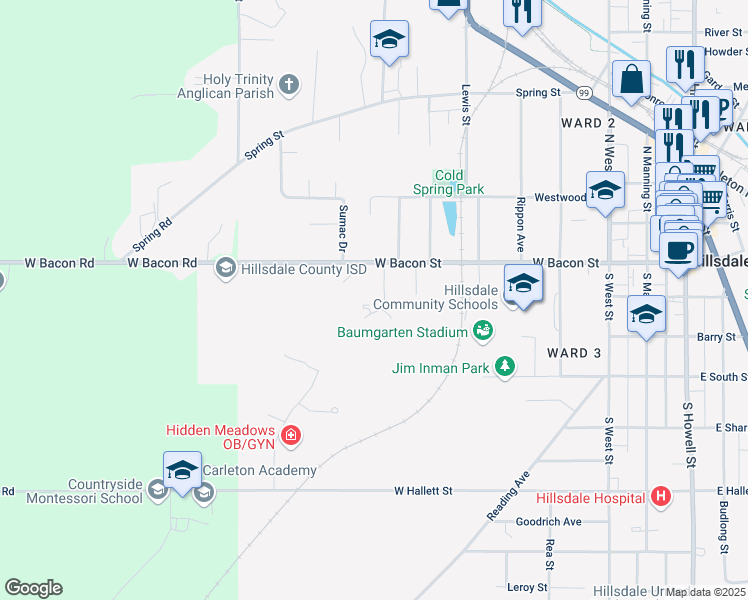 map of restaurants, bars, coffee shops, grocery stores, and more near 601 Heathcliff Drive in Hillsdale