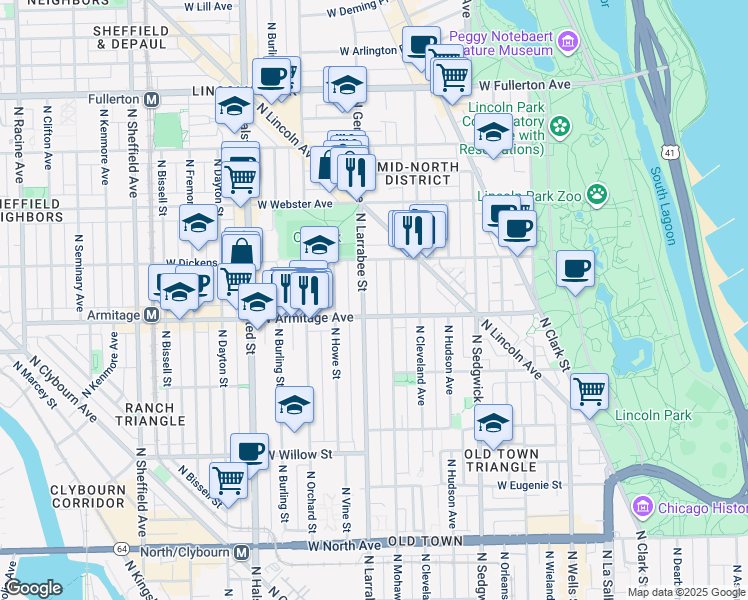 map of restaurants, bars, coffee shops, grocery stores, and more near 2037 North Larrabee Street in Chicago