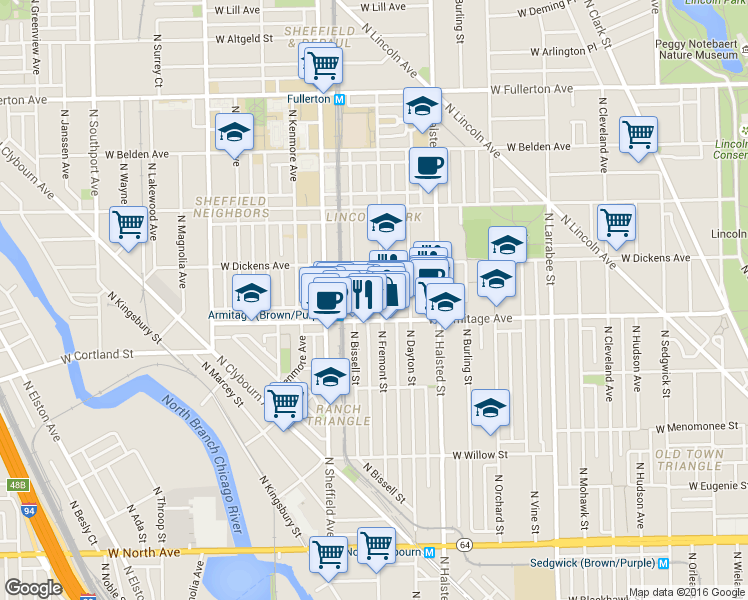 map of restaurants, bars, coffee shops, grocery stores, and more near 2024 North Fremont Street in Chicago