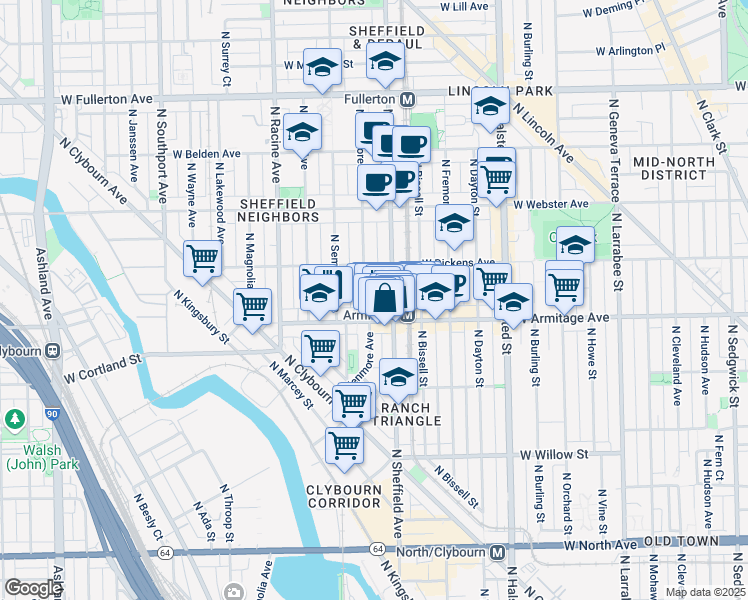 map of restaurants, bars, coffee shops, grocery stores, and more near 2028 North Sheffield Avenue in Chicago