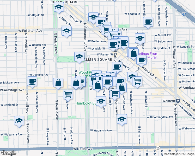 map of restaurants, bars, coffee shops, grocery stores, and more near 2907 West Dickens Avenue in Chicago