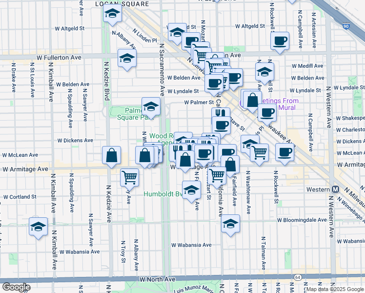 map of restaurants, bars, coffee shops, grocery stores, and more near 2907 West Dickens Avenue in Chicago