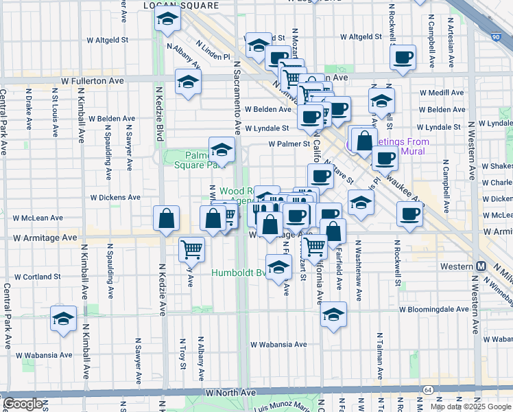 map of restaurants, bars, coffee shops, grocery stores, and more near 2907 West Dickens Avenue in Chicago