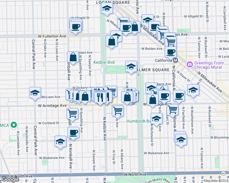 map of restaurants, bars, coffee shops, grocery stores, and more near 2053 North Albany Avenue in Chicago