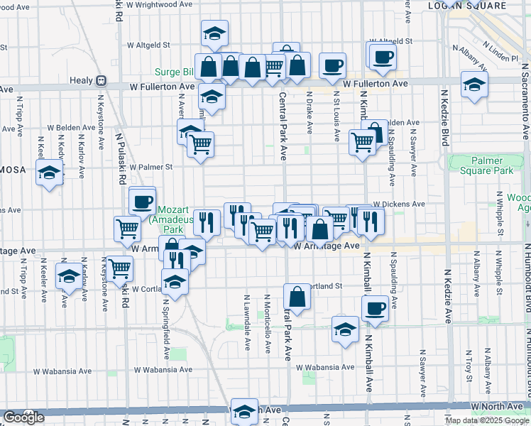 map of restaurants, bars, coffee shops, grocery stores, and more near 3645 West Dickens Avenue in Chicago