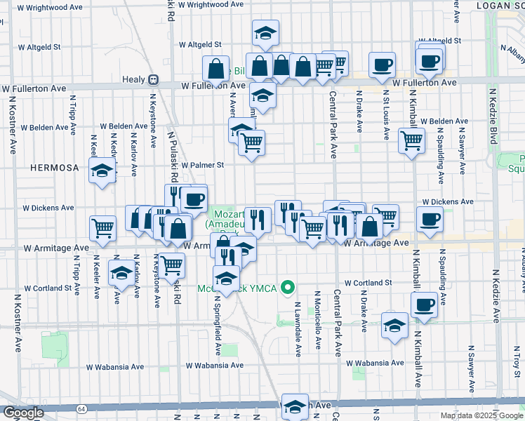 map of restaurants, bars, coffee shops, grocery stores, and more near 2057 North Hamlin Avenue in Chicago