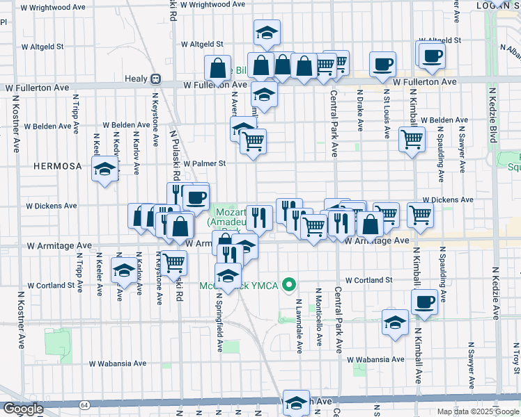 map of restaurants, bars, coffee shops, grocery stores, and more near 2057 North Hamlin Avenue in Chicago