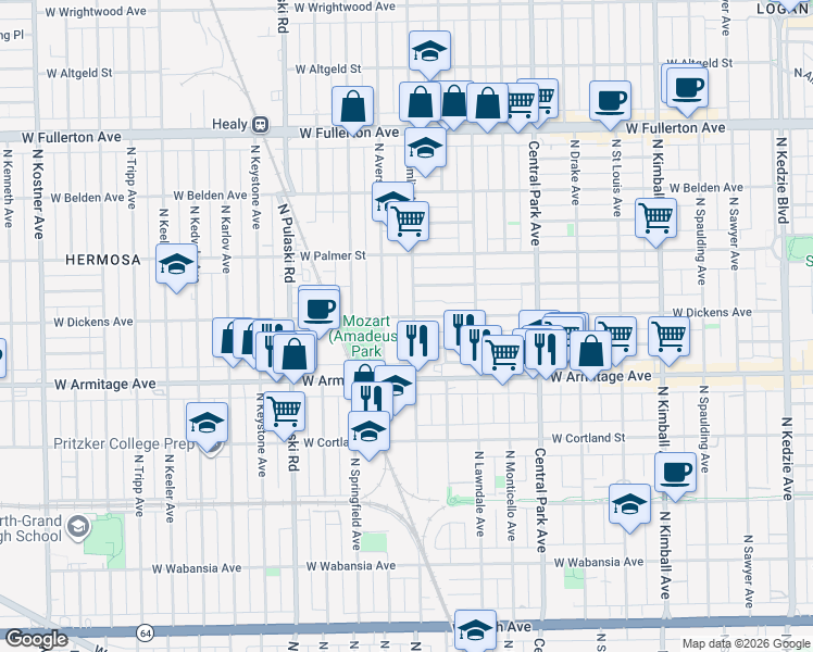 map of restaurants, bars, coffee shops, grocery stores, and more near 2057 North Hamlin Avenue in Chicago