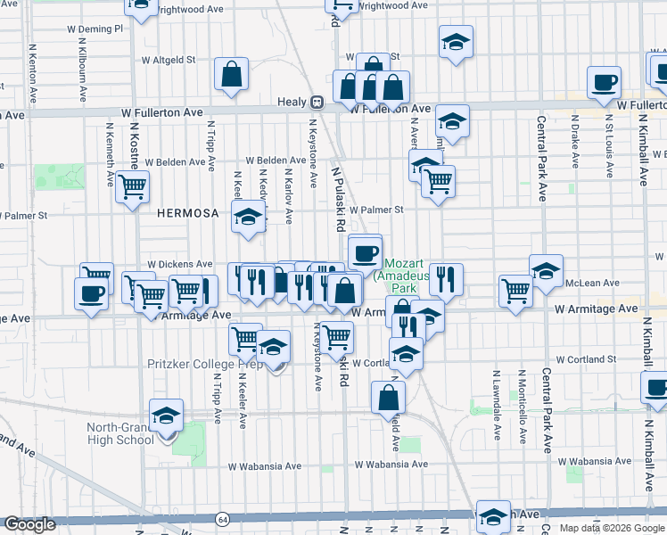 map of restaurants, bars, coffee shops, grocery stores, and more near 2101 North Keystone Avenue in Chicago