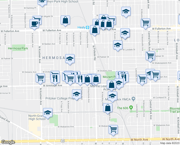map of restaurants, bars, coffee shops, grocery stores, and more near 2101 North Keystone Avenue in Chicago