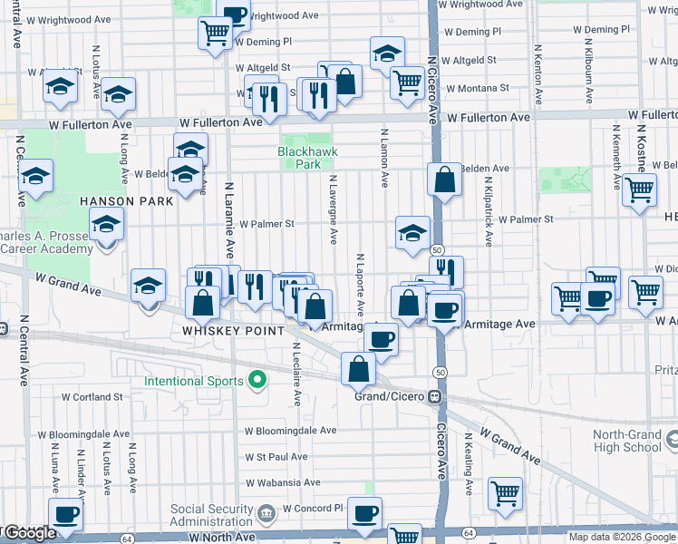 map of restaurants, bars, coffee shops, grocery stores, and more near 2108 North Lavergne Avenue in Chicago