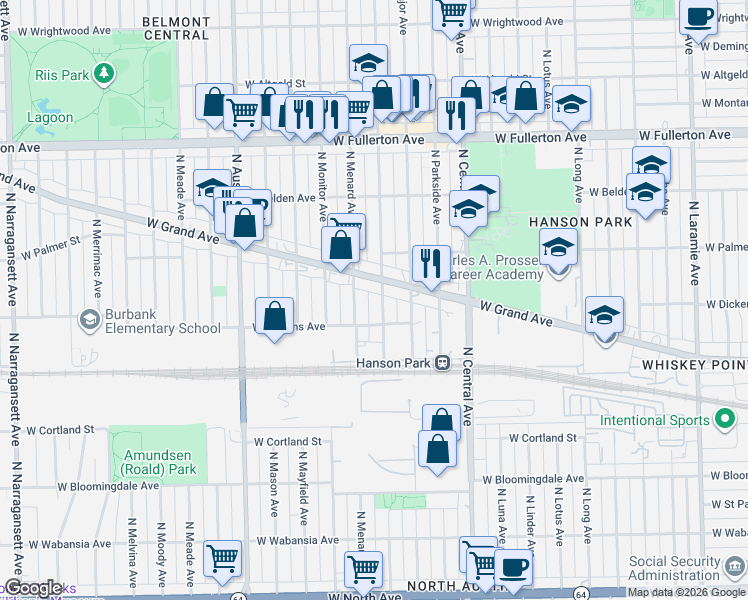 map of restaurants, bars, coffee shops, grocery stores, and more near 2138 North Mango Avenue in Chicago