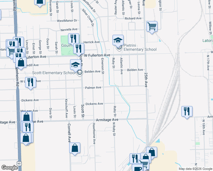 map of restaurants, bars, coffee shops, grocery stores, and more near 2208 Emerson Street in Melrose Park