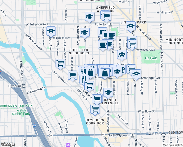 map of restaurants, bars, coffee shops, grocery stores, and more near 2033 North Seminary Avenue in Chicago