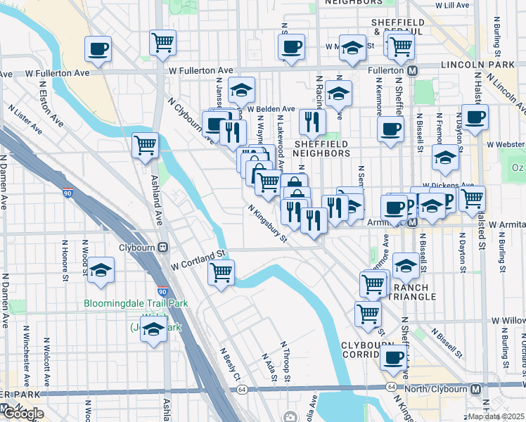 map of restaurants, bars, coffee shops, grocery stores, and more near 2070 North Clybourn Avenue in Chicago