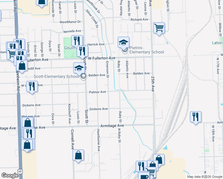 map of restaurants, bars, coffee shops, grocery stores, and more near 2208 Emerson Street in Melrose Park