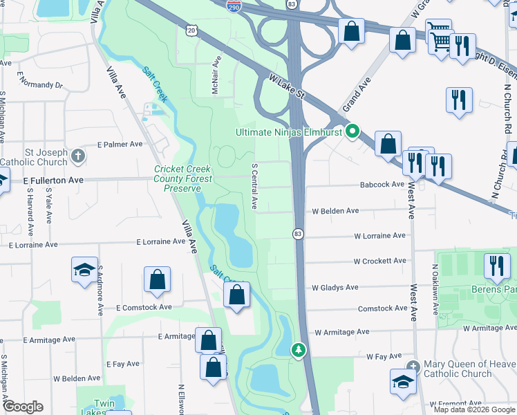 map of restaurants, bars, coffee shops, grocery stores, and more near 900 East Krage Drive in Addison