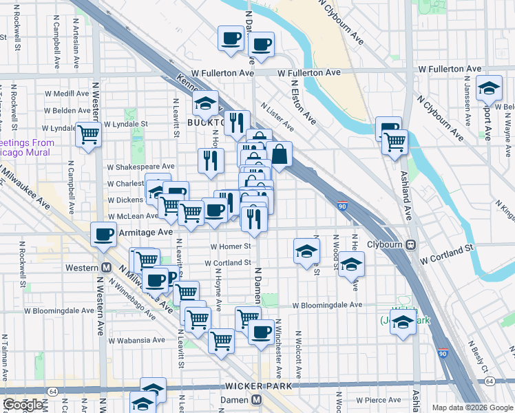 map of restaurants, bars, coffee shops, grocery stores, and more near 2042 North Damen Avenue in Chicago