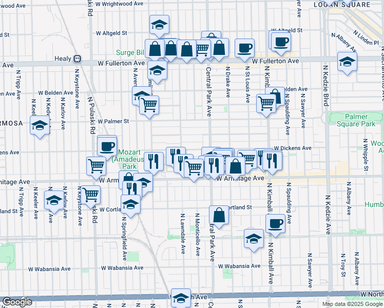 map of restaurants, bars, coffee shops, grocery stores, and more near 3637 West Dickens Avenue in Chicago