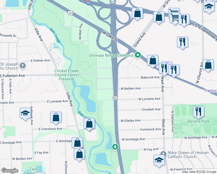 map of restaurants, bars, coffee shops, grocery stores, and more near 916 East Krage Drive in Addison