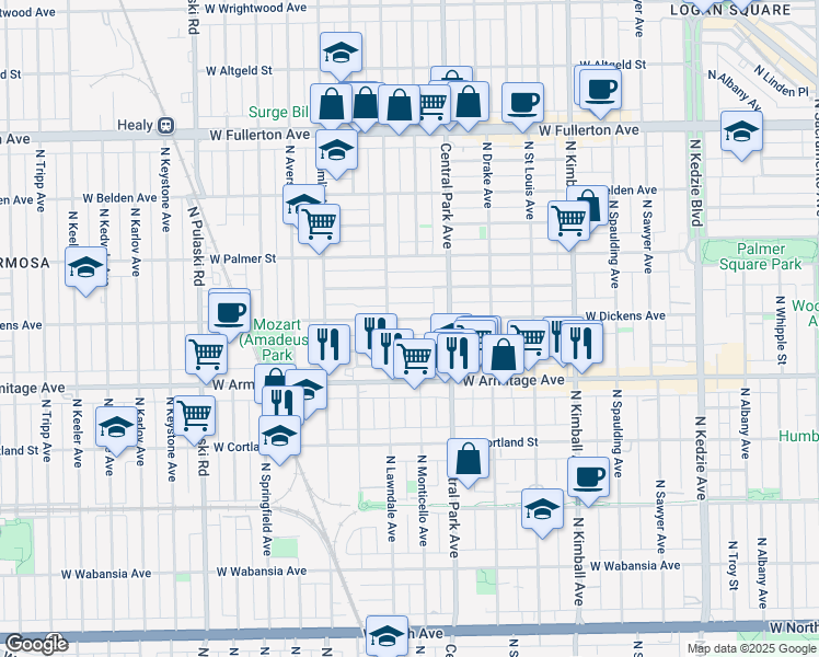 map of restaurants, bars, coffee shops, grocery stores, and more near 3639 West Dickens Avenue in Chicago