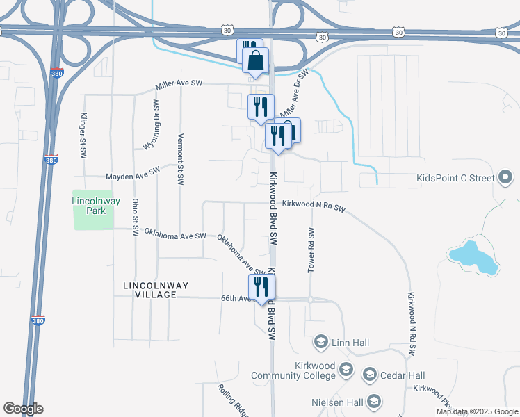 map of restaurants, bars, coffee shops, grocery stores, and more near 51 Devonwood Avenue Southwest in Cedar Rapids