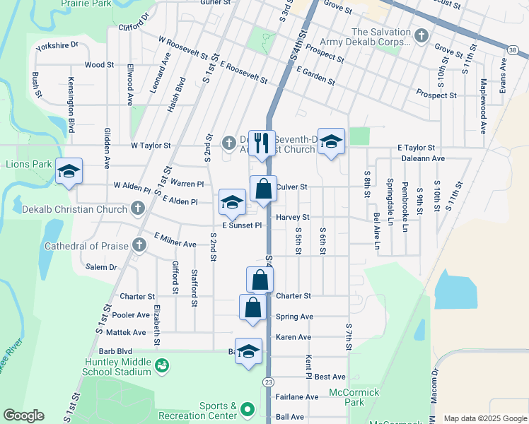 map of restaurants, bars, coffee shops, grocery stores, and more near 933 South 4th Street in DeKalb