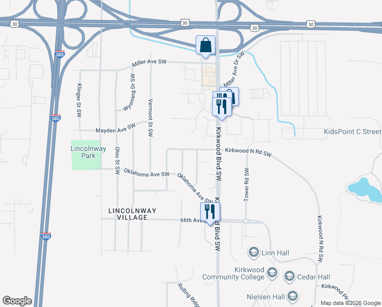 map of restaurants, bars, coffee shops, grocery stores, and more near 63 Devonwood Avenue Southwest in Cedar Rapids