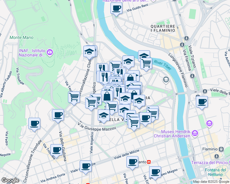 map of restaurants, bars, coffee shops, grocery stores, and more near 51 Via Oslavia in Roma