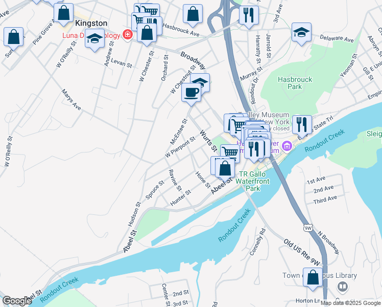 map of restaurants, bars, coffee shops, grocery stores, and more near Spring Street & Hone Street in Kingston