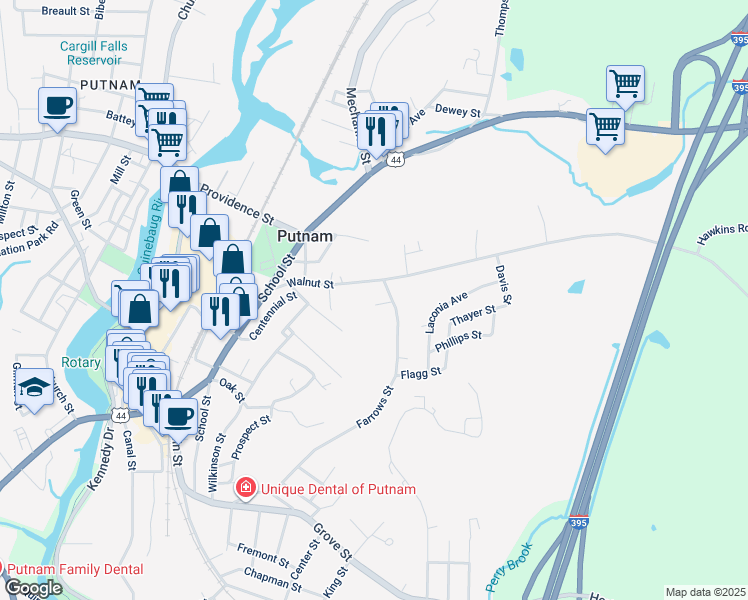 map of restaurants, bars, coffee shops, grocery stores, and more near 17 Leyden Street in Putnam