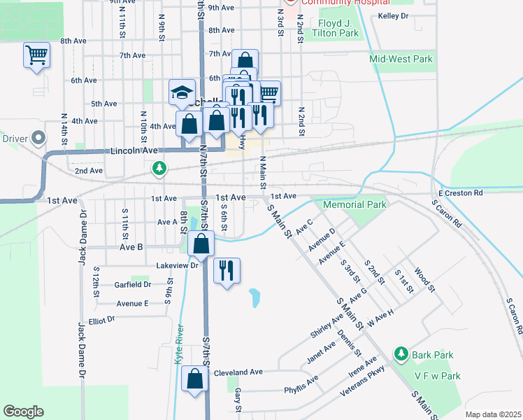 map of restaurants, bars, coffee shops, grocery stores, and more near 108 South Main Street in Rochelle