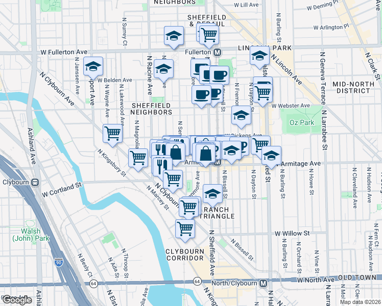 map of restaurants, bars, coffee shops, grocery stores, and more near 2033 North Seminary Avenue in Chicago
