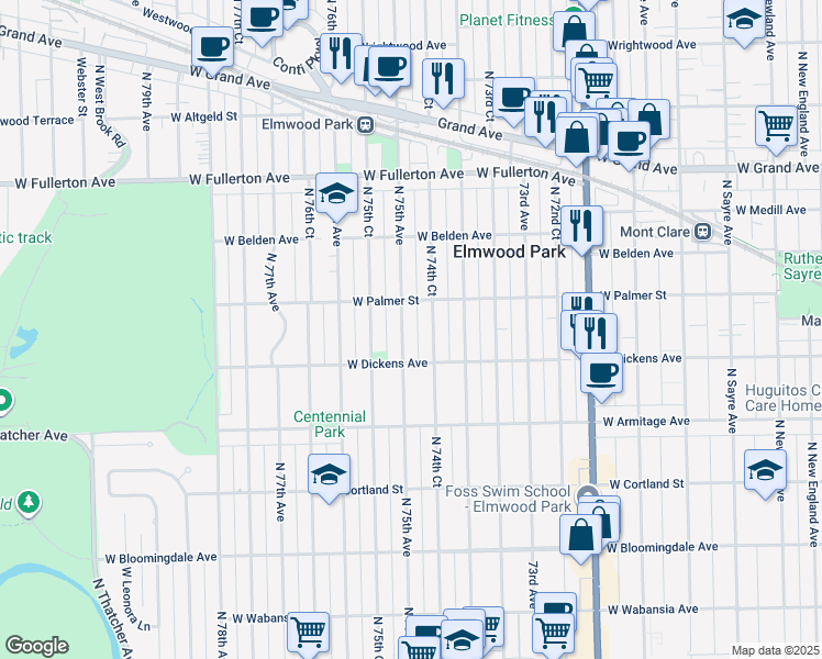 map of restaurants, bars, coffee shops, grocery stores, and more near 2127 North 75th Avenue in Chicago
