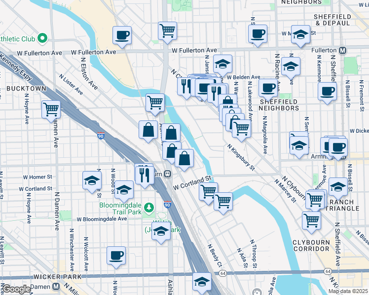 map of restaurants, bars, coffee shops, grocery stores, and more near 2017 North Mendell Street in Chicago
